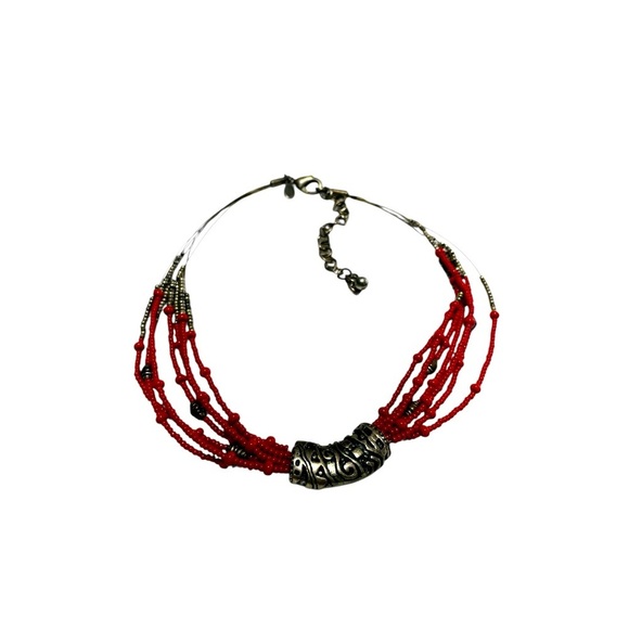 Chico’s Red and Silver Beaded Necklace, Choker, Vintage. Tribal charm design - Picture 6 of 10